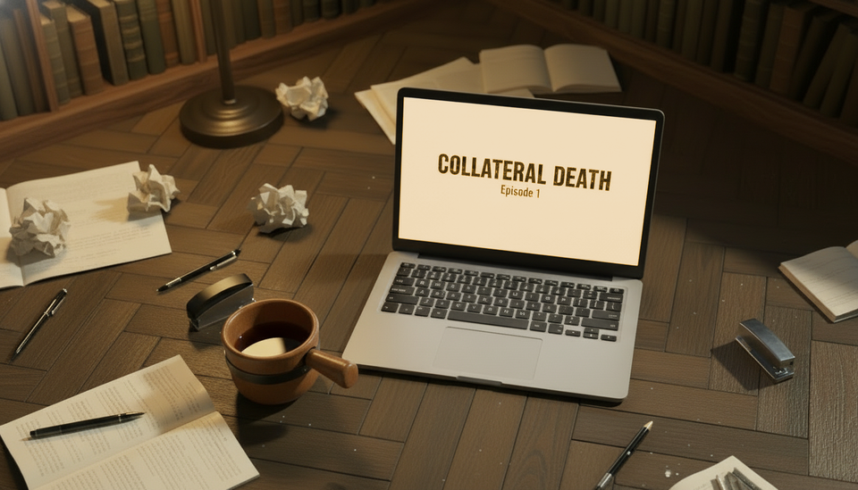 Laptop showing the title Collateral Death – Episode 1 on a writer’s desk with coffee and notes. British noir mystery novel by J. Kushley, available as free download 2026.