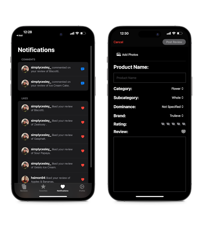 The notification and entry creation views for Cannoisseur