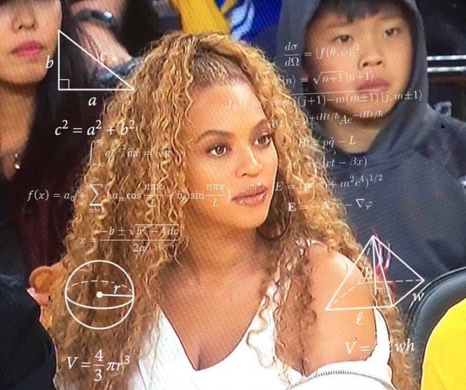 Beyoncé staring confused at a basketball game, with math equations surrounding her. 