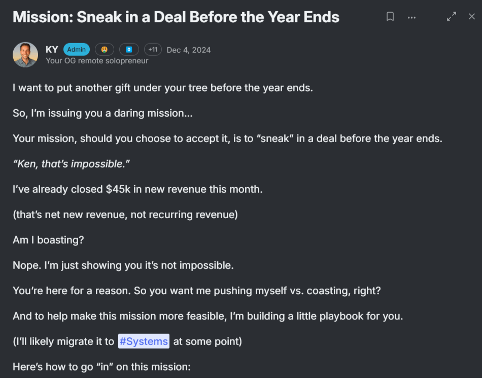 An example of how solopreneur communities run "missions" to encourage action