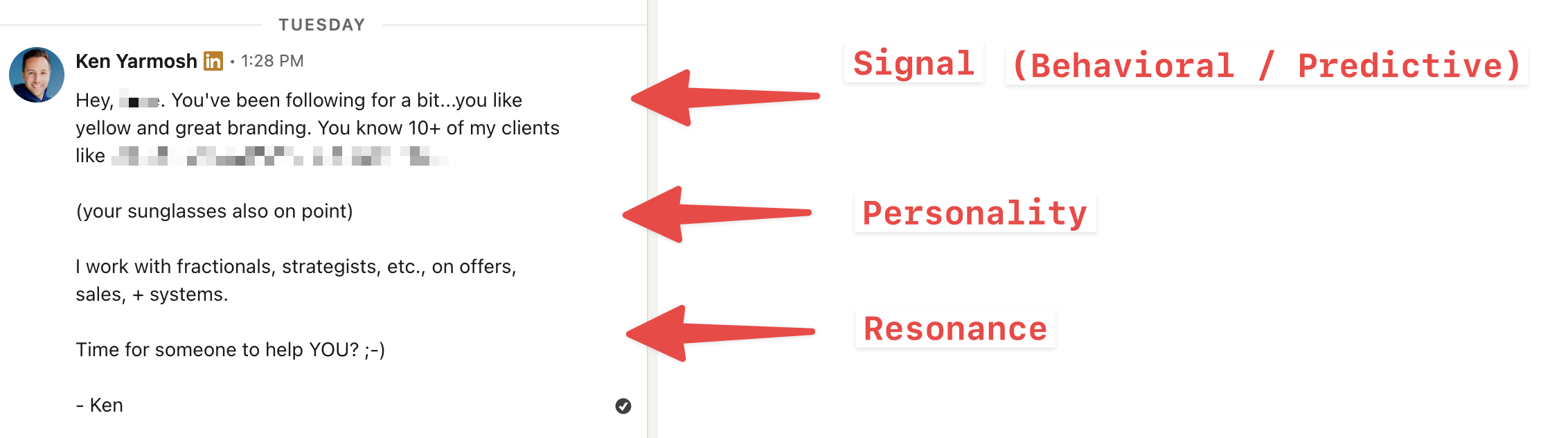Example of a LinkedIn direct message (cold outreach)