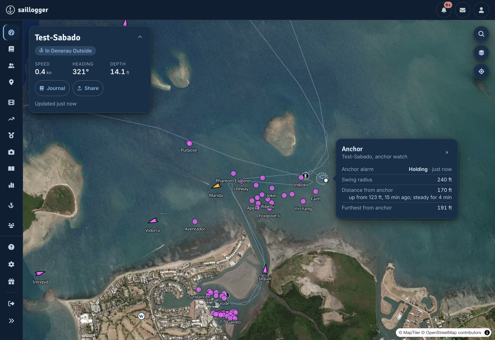 Saillogger monitoring dashboard with wind and depth gauges