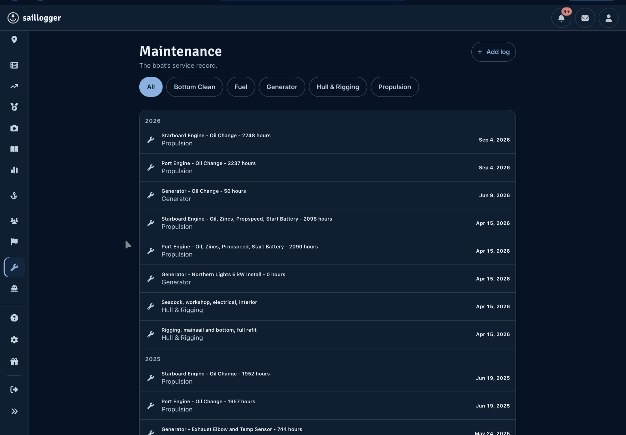 The maintenance log, grouped by year with a filter chip per category