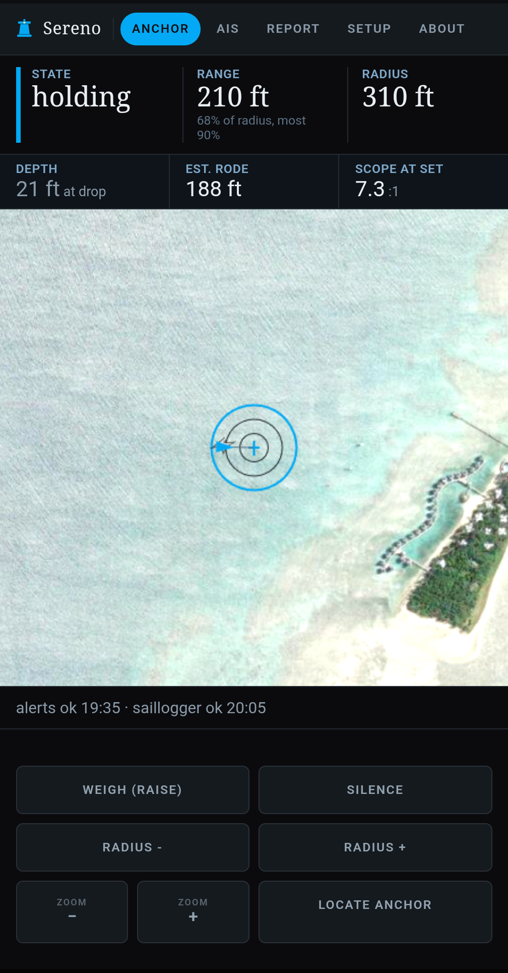 the unit's screen at anchor, distance to alarm in large figures