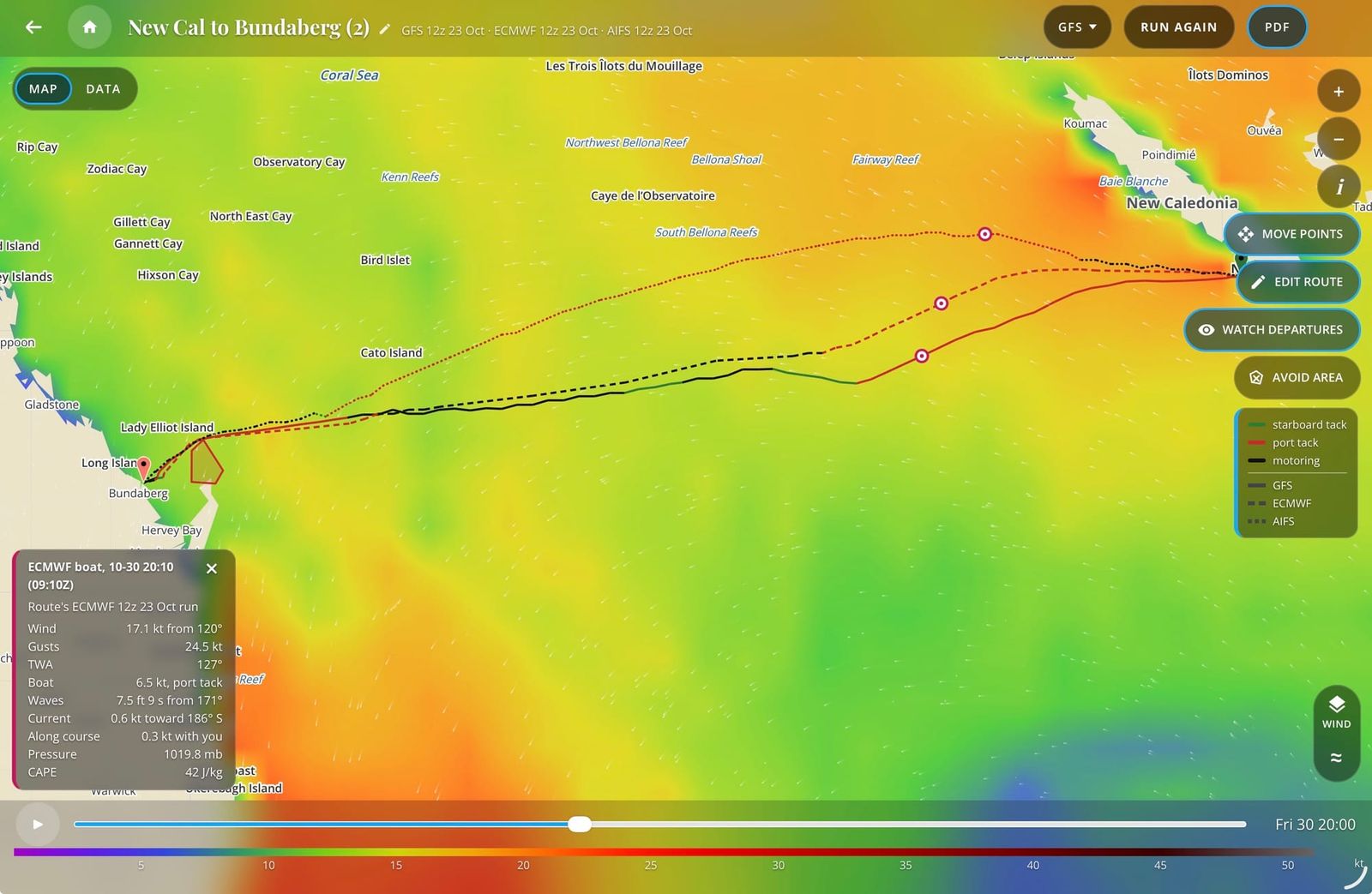web map with three model tracks and the time slider