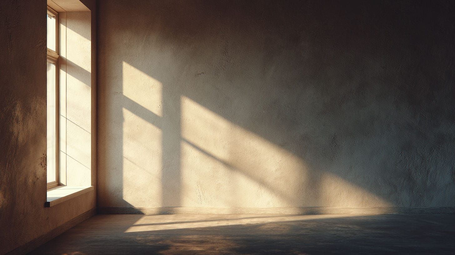 An empty, quiet room with soft natural light coming through a single window, casting shadows across a neutral-colored wall.