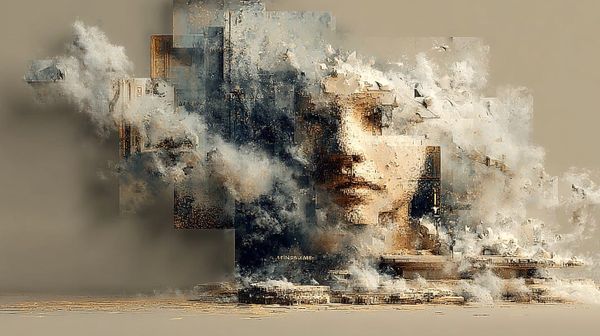 Face of a person blending in with shapes and fog. Appears like the person is part of building something technical.