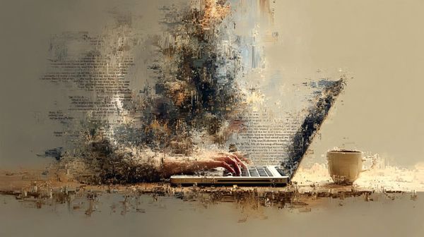 Surreal, abstract image of a laptop with human hands typing on the keyboard. Indistinguishable words and images drift and swirl around the hands and laptop.