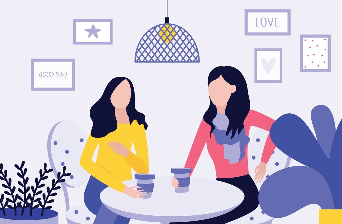 illustration of two women talking over coffee while sitting at a table in a cafe