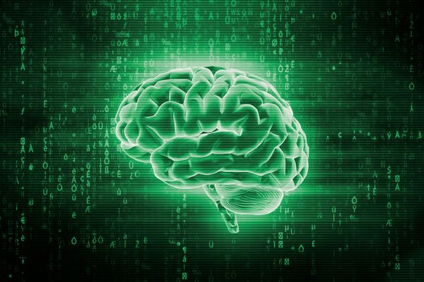 Brain on green matrix computer screen