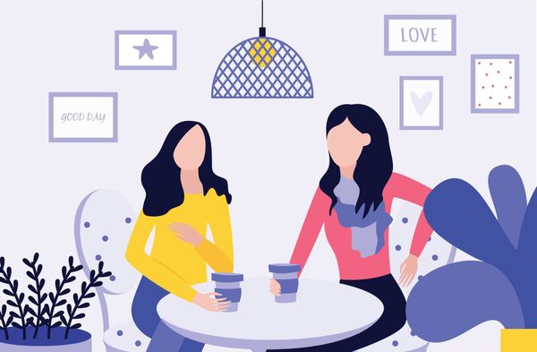 illustration of two women talking over coffee while sitting at a table in a cafe