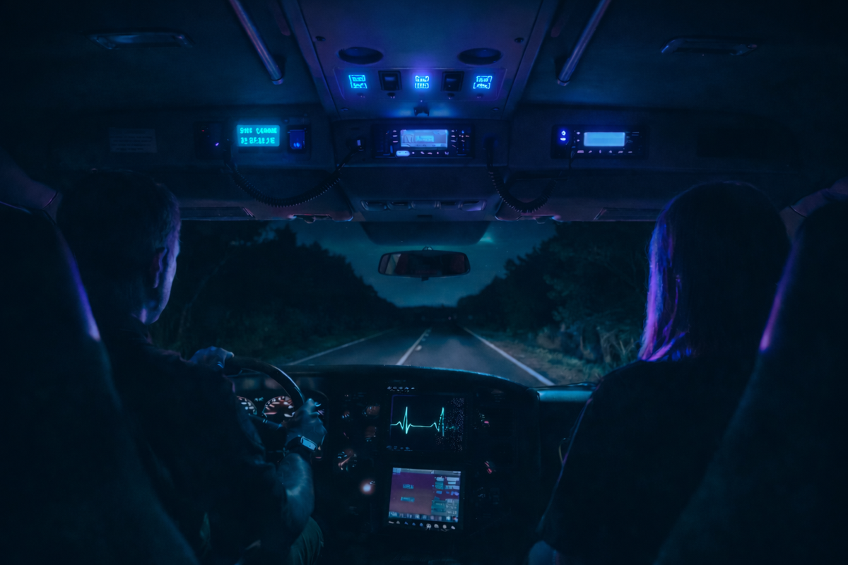 Ambulance cabin at night with cyan biometric displays glowing in the darkness