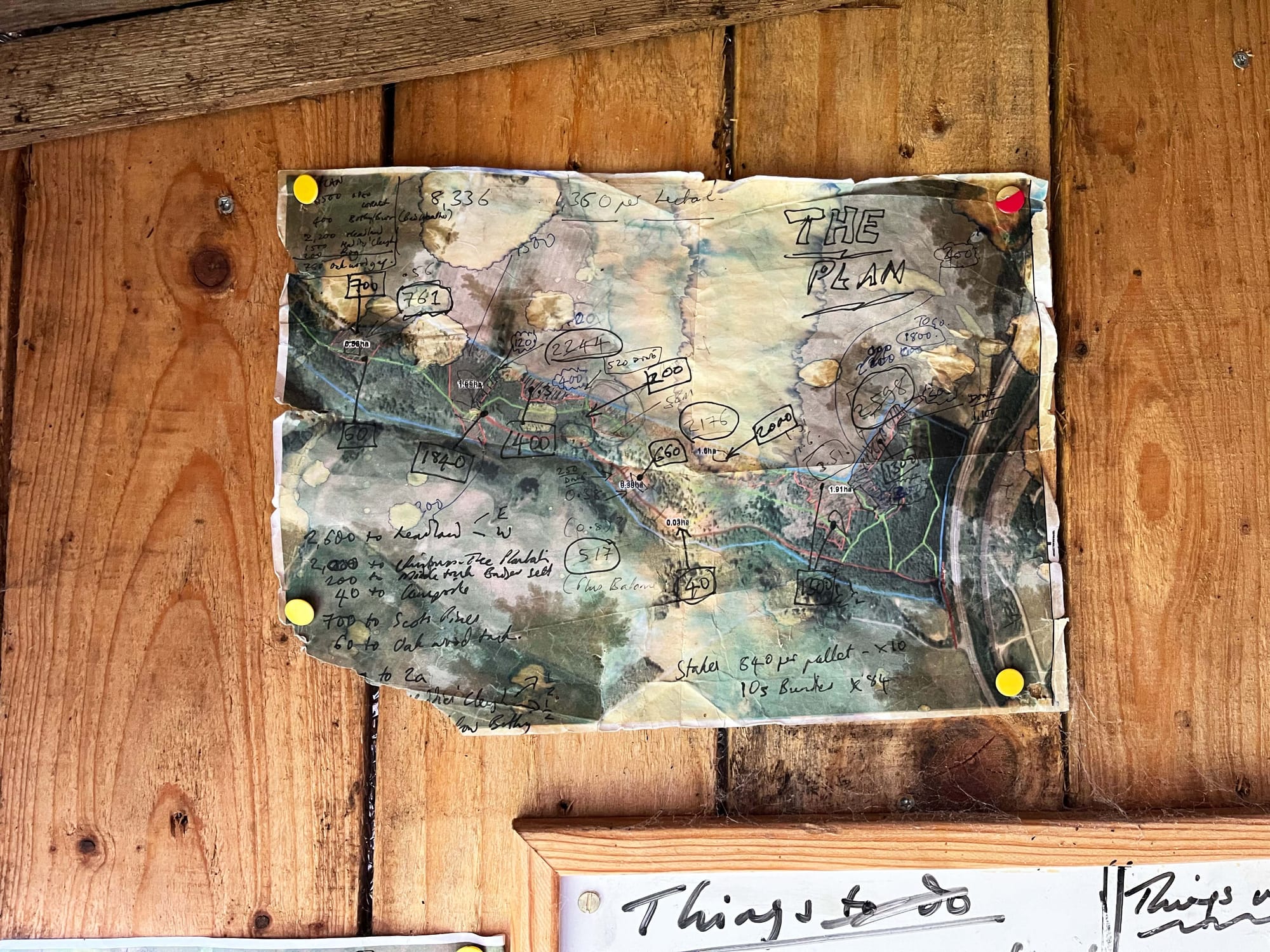 A map labelled "the plan" pinned onto a wooden wall