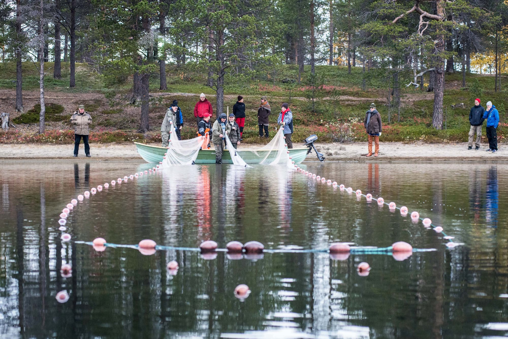 View from the water of a group of people pulling nets in to a tree-lined shore