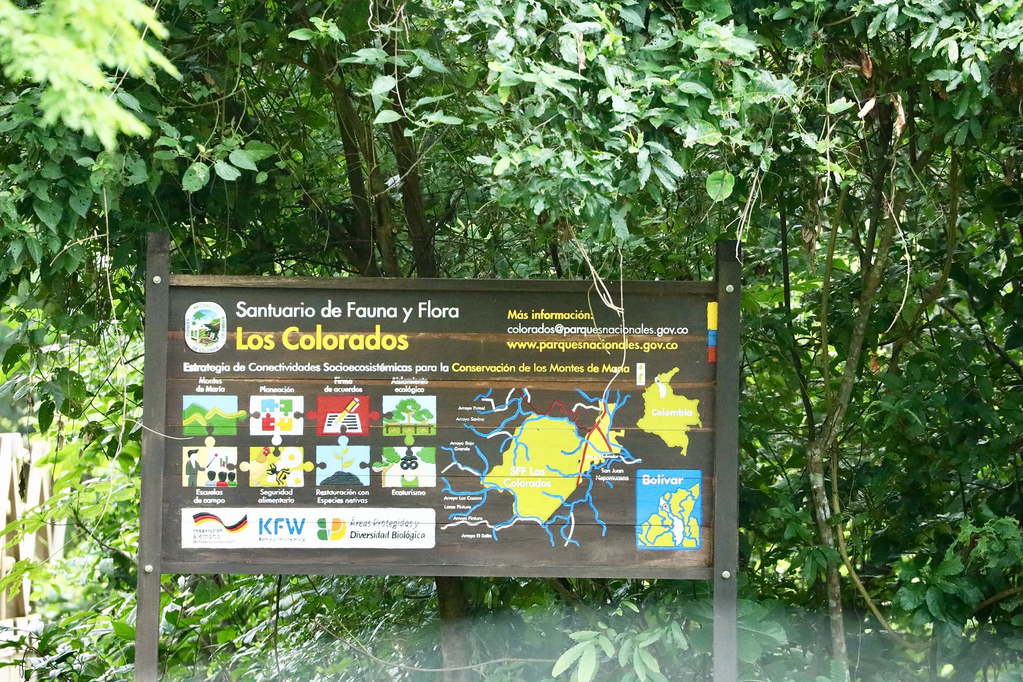 Outdoors, in front of leafy trees, a signpost shows information about a nature sanctuary