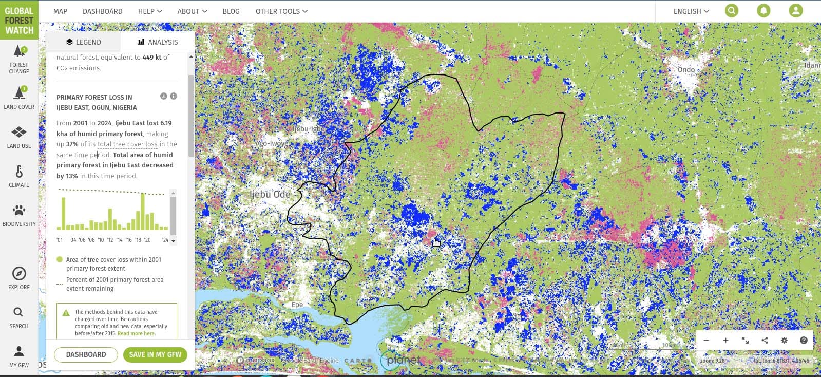 Map showing forest loss using colour-coded terrain identification