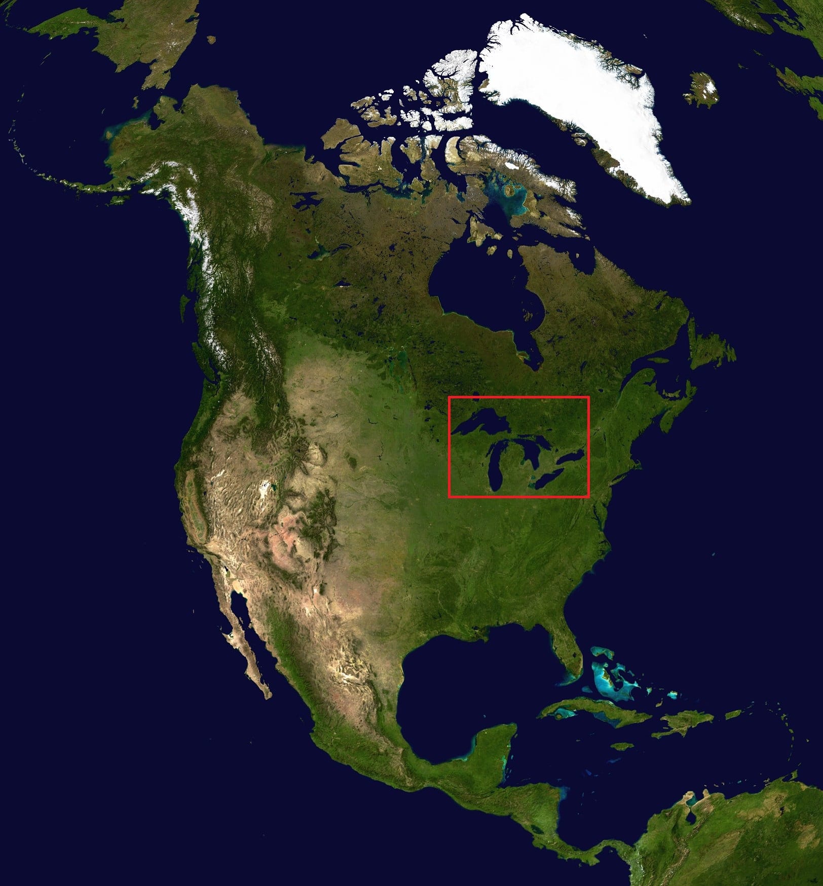 A topographical map of North America with a red box outlining the Great Lakes