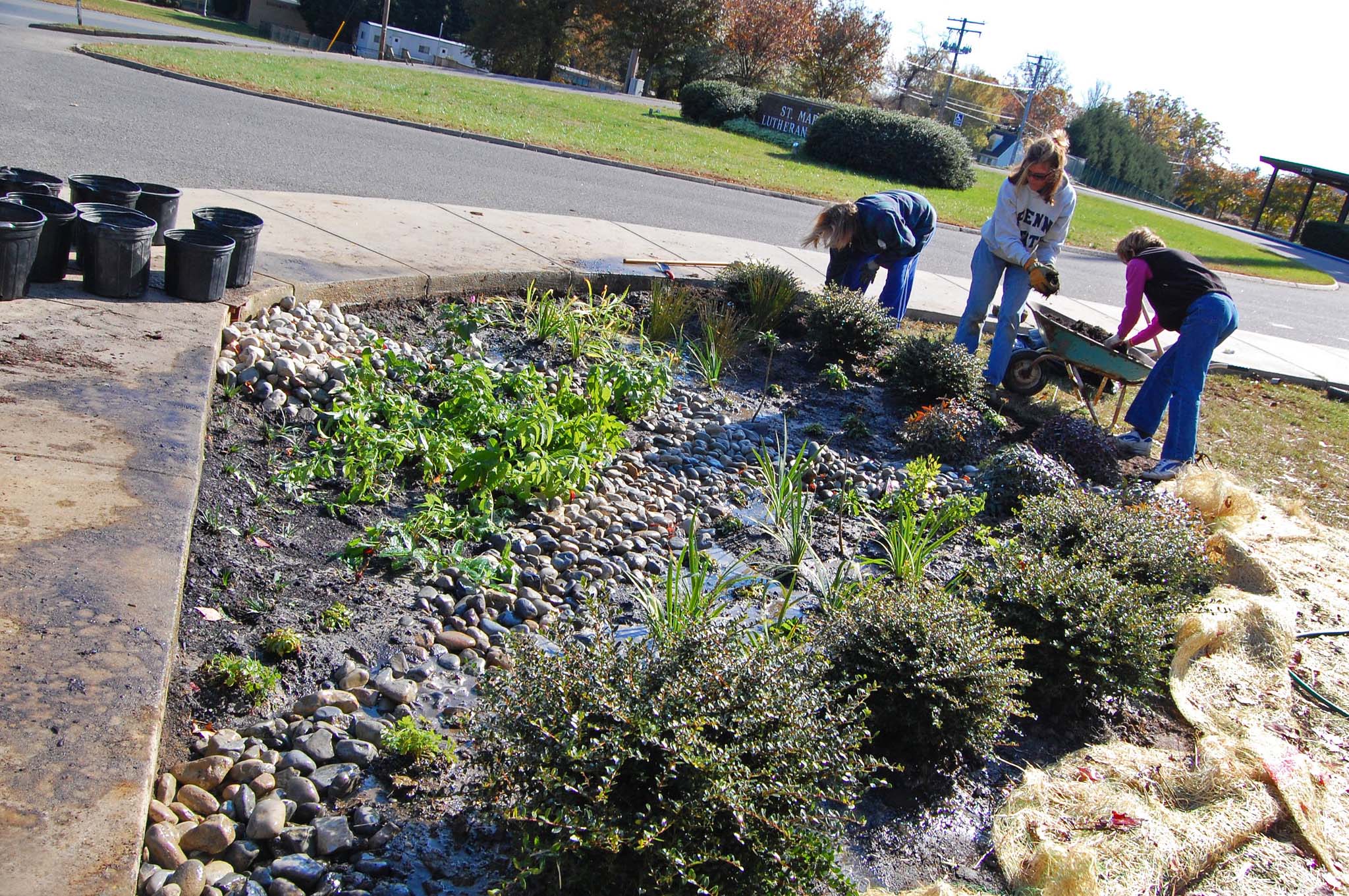 Three people planting a garden next to a sidewalk and street