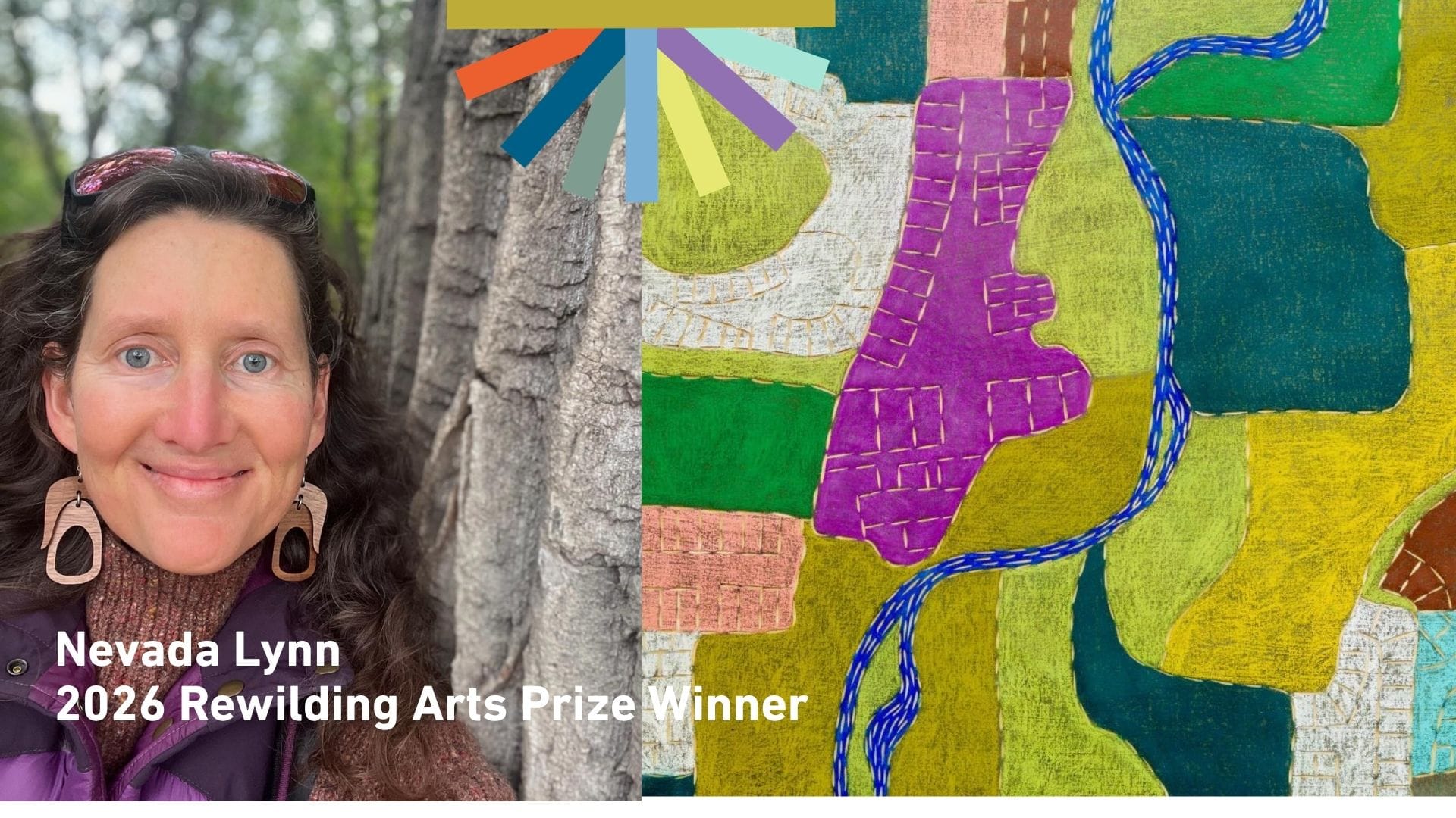 Collage image of artist photo and textile art piece, overlaid with the words "Nevada Lynn, 2026 Rewilding Arts Prize winner"