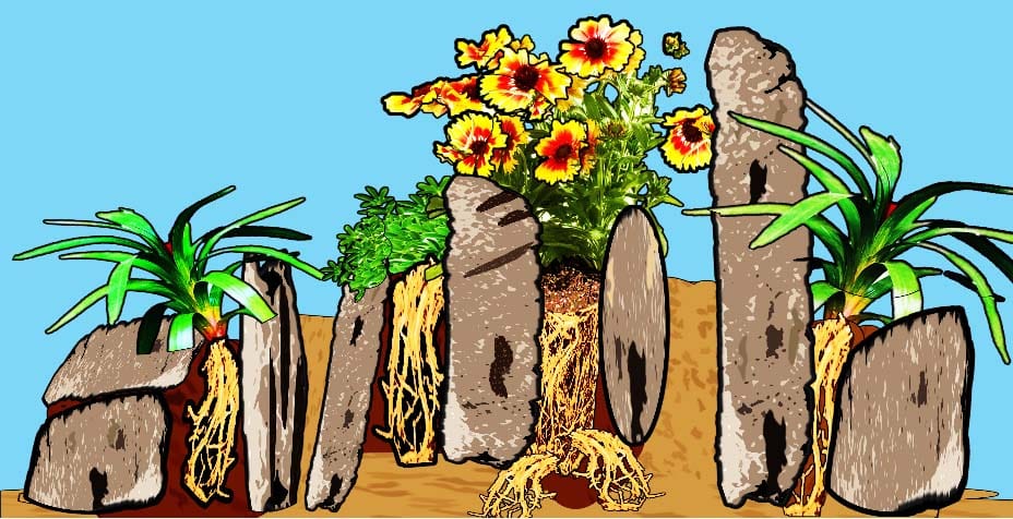 Illustrated side view of a rock crevice garden, with vertical rocks alternating with soil and plants