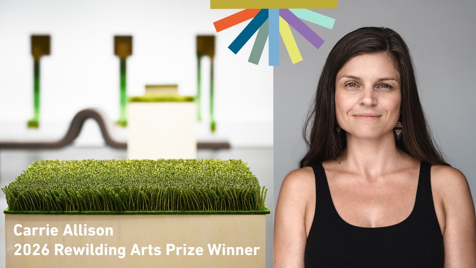 Headshot of artist Carrie Allison next to an image of her artwork featuring beaded grass
