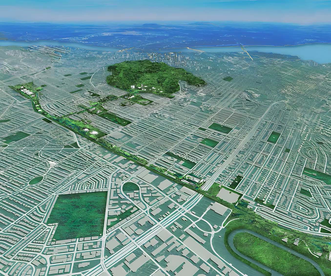 Graphic depicting green spaces amidst the urban environment of Montreal