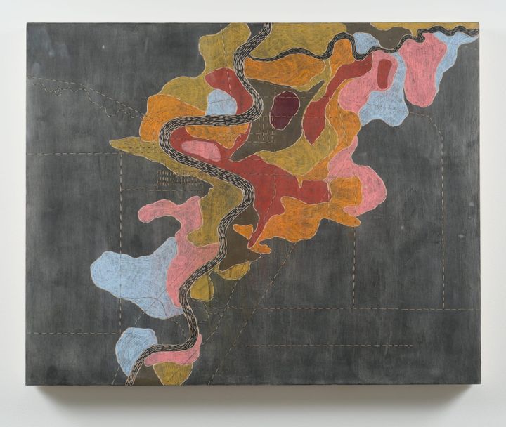 art piece with coloured shapes overlaid on dark grey, with stitching lines overlaid