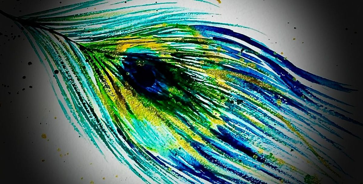 Peacock feather fanning to bottom right corner
