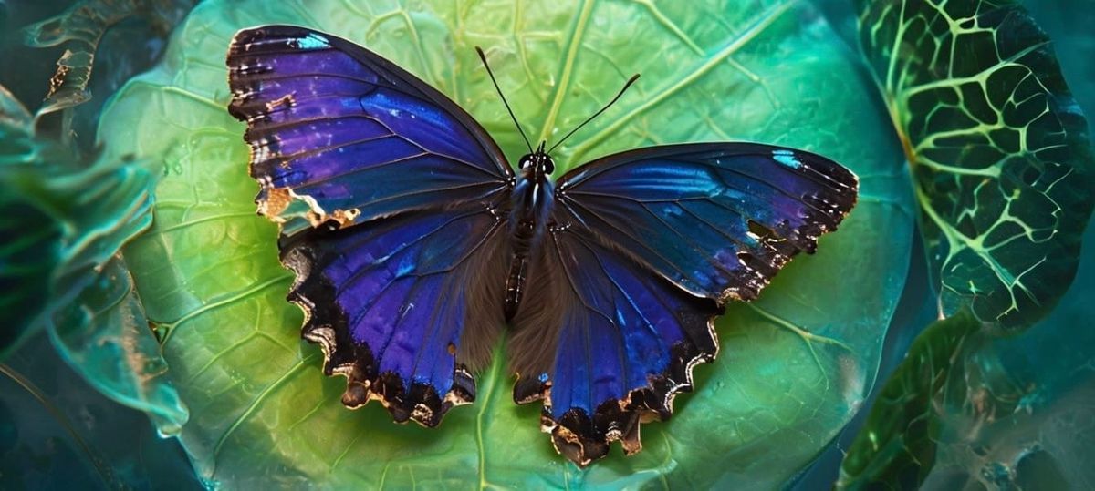 blue butterfly on a green lily pad