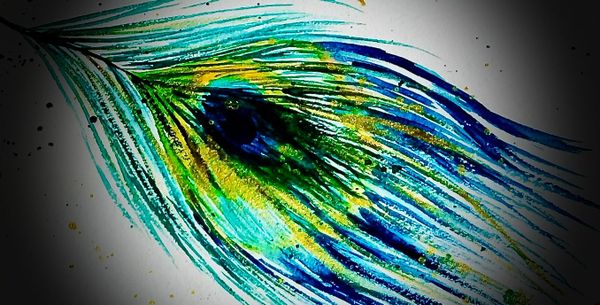 Peacock feather fanning to bottom right corner