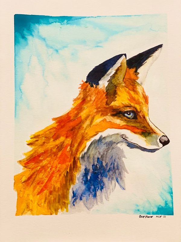 smiling orange fox against blue ombré background