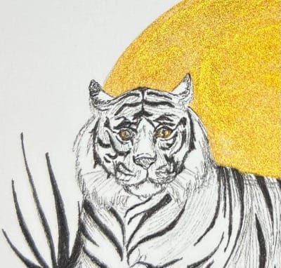 ink drawing of black and white tiger against gold sun