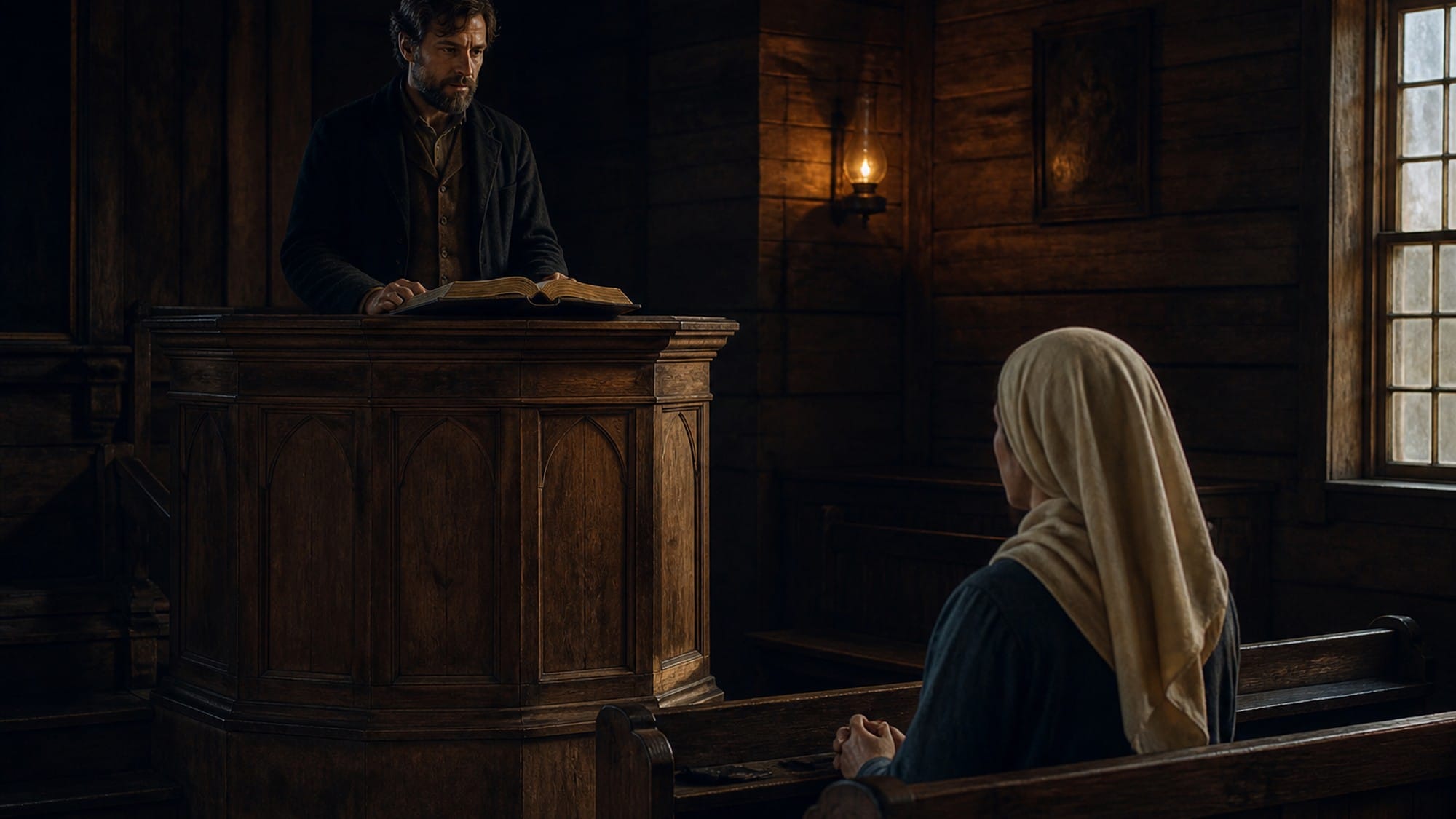 En mann underviser fra prekestolen med åpen Bibel; en kvinne med tildekket hode sitter i benken og hører.