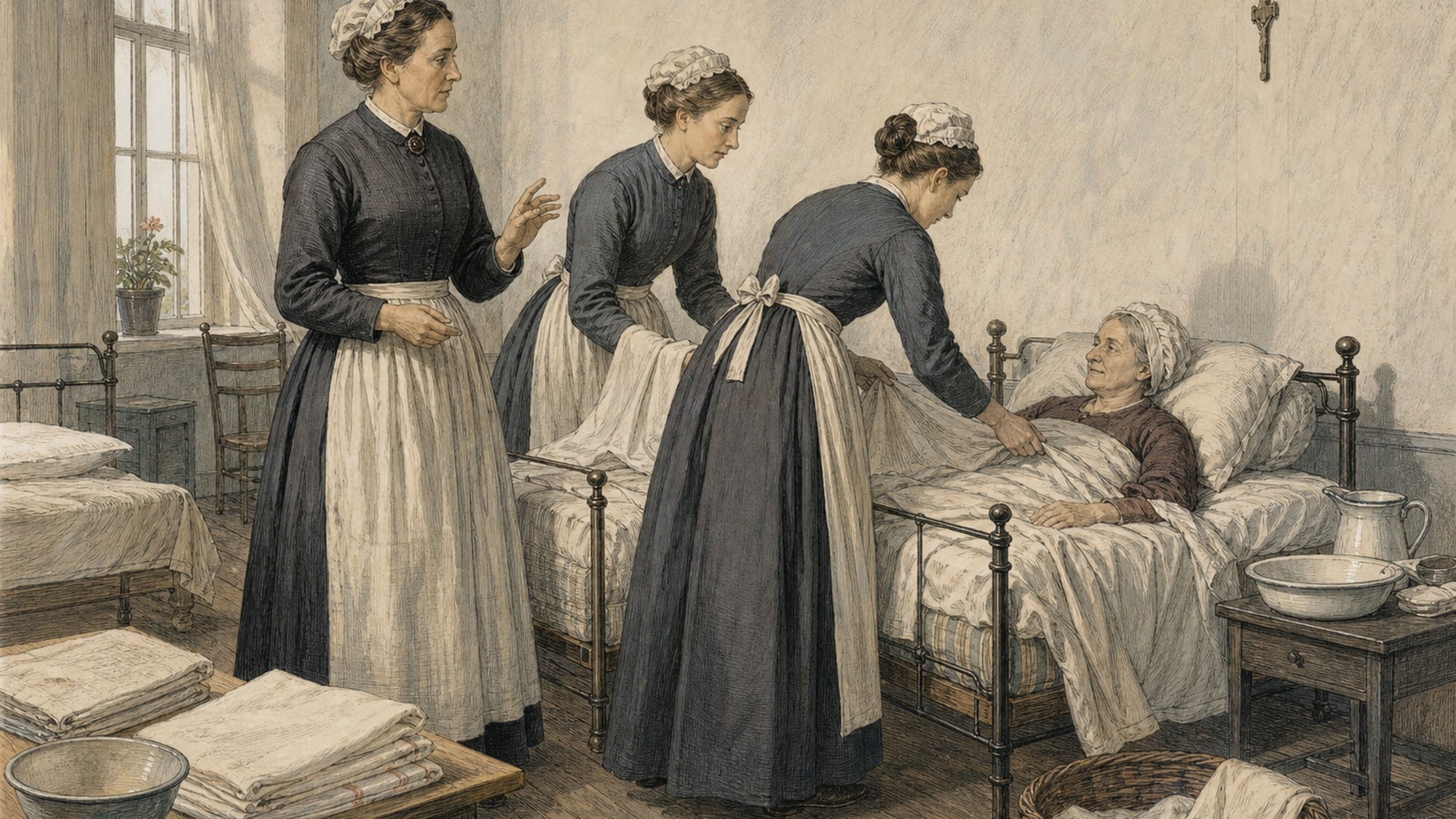 Historisk illustrasjon av kvinner under opplæring ved en syk kvinnes seng.