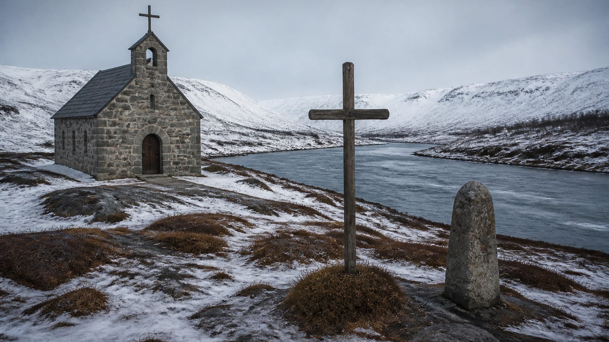 Steinkapell ved en elv og et grensemerke i Finnmark, uten folk i bildet.