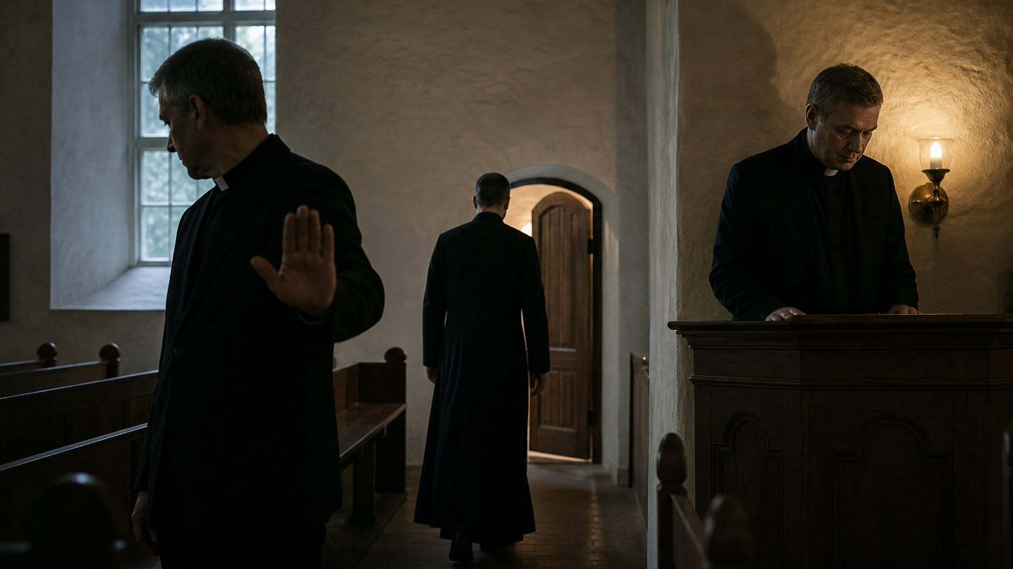 Tre mannlige prester i en nordisk folkekirke vender seg bort: én avviser med hånden, én går ut, én tier ved prekestolen.