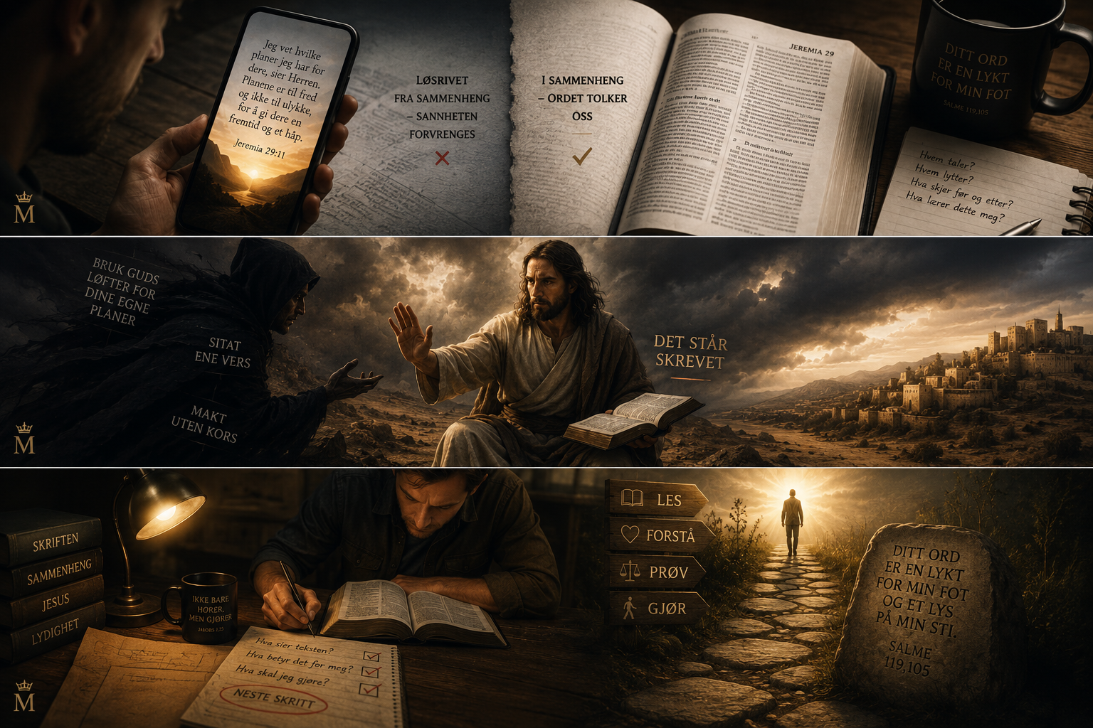 En tredelt illustrasjon som sammenligner løsrevne bibelvers med lesning i sammenheng, viser Jesus som avviser misbruk av Skriften, og en leser som går fra tekst til handling.