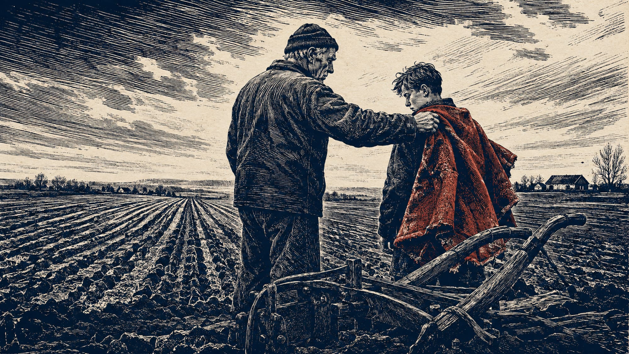 En eldre mann legger hånden på skulderen til en gutt med rød kappe ved en plog på en åker.