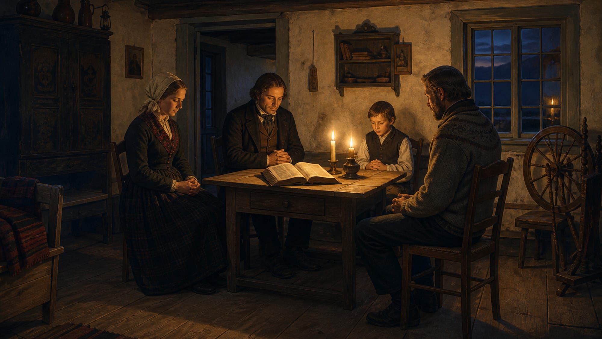 Husandakt i en stue. Flere sitter ved et bord med én åpen Bibel.