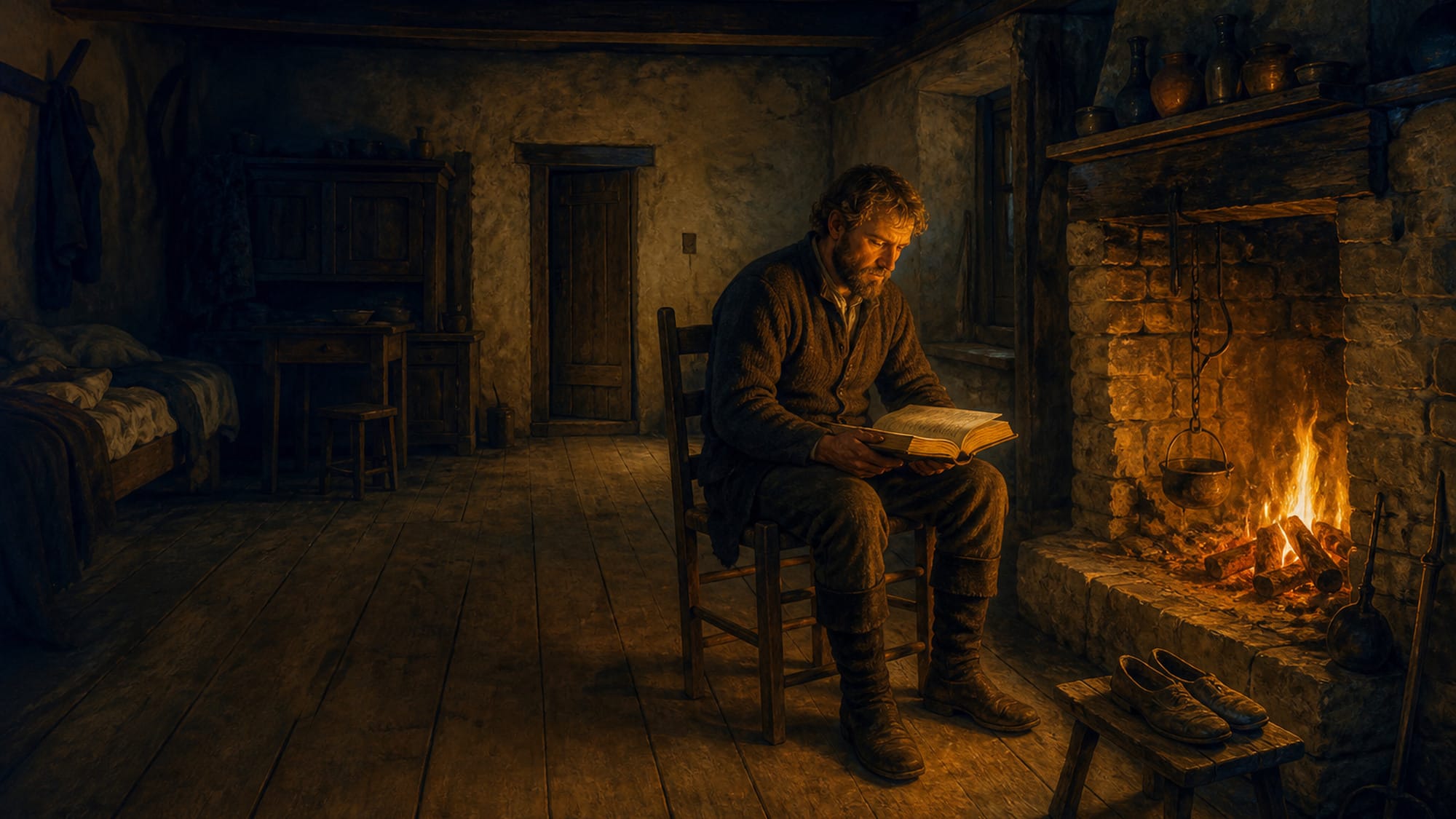 En mann sitter ved peisen med åpen Bibel. Hele skikkelsen synes.
