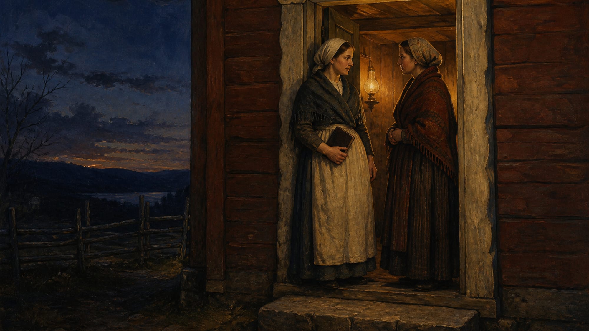 To kvinner i hel figur samtaler i en døråpning. Den ene holder en Bibel.