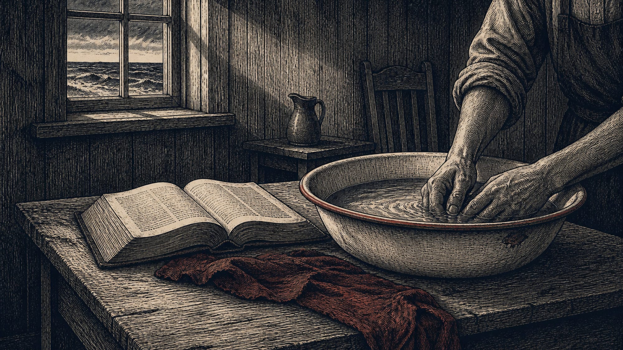En voksen vasker hendene i et emaljefat ved et bord med åpen Bibel og klede.