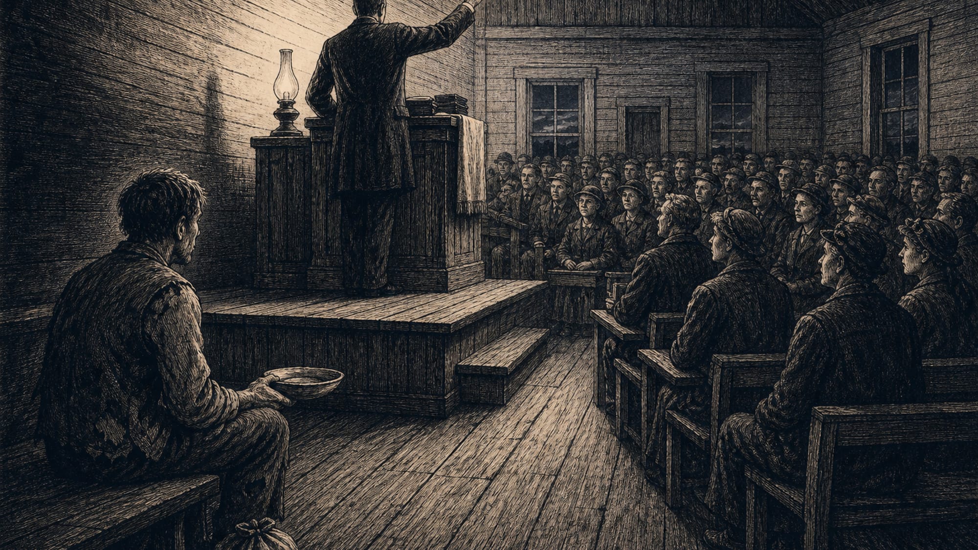 En mann står ved en prekestol med ryggen vendt mot et menneske som venter med tom bolle.