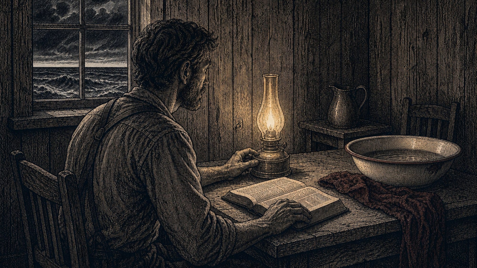 En mann sitter våken ved et bord med åpen Bibel og tent oljelampe.