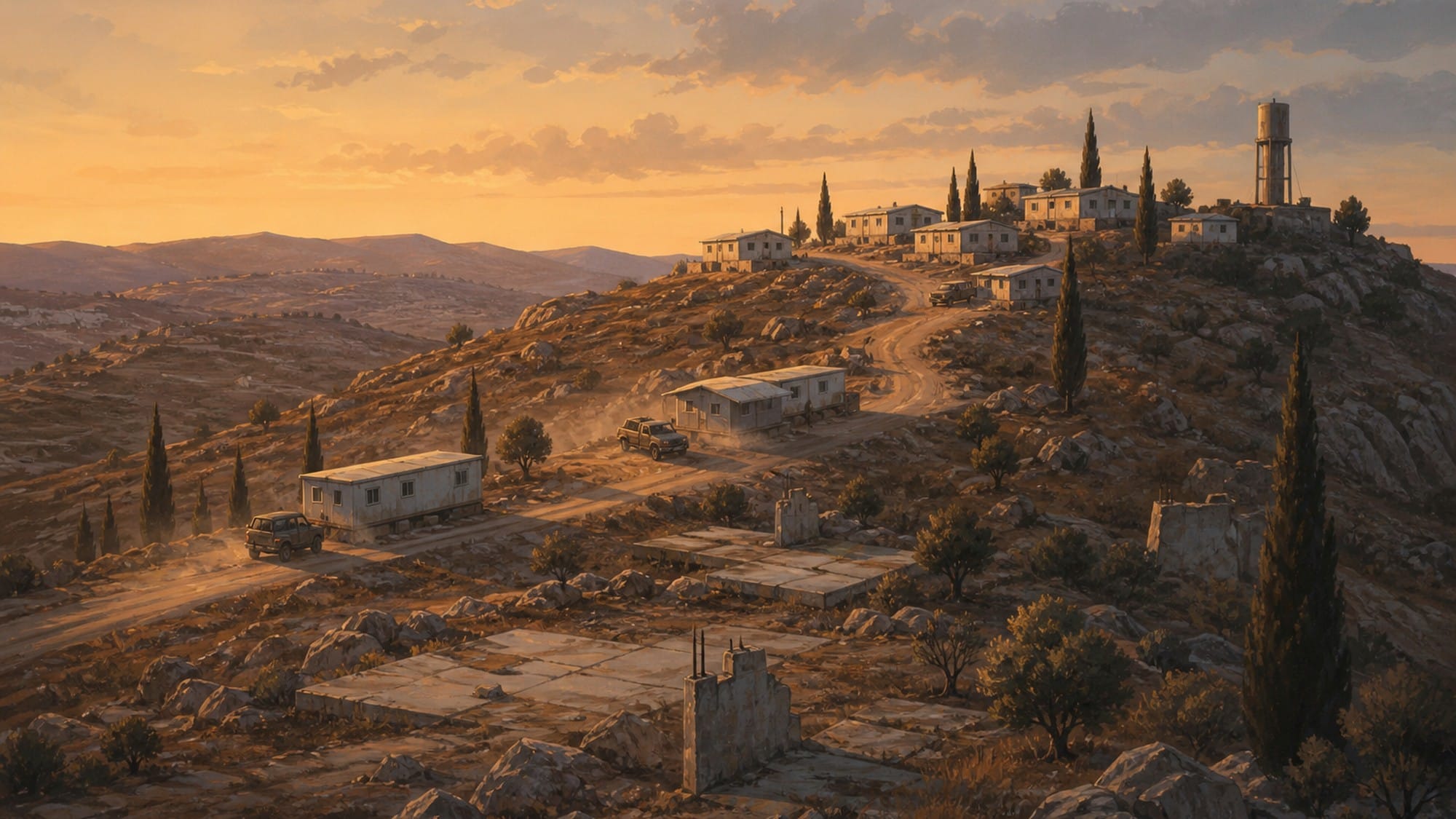 Redaksjonell illustrasjon av en gjenbefolket bakketopp i Nord-Samaria.