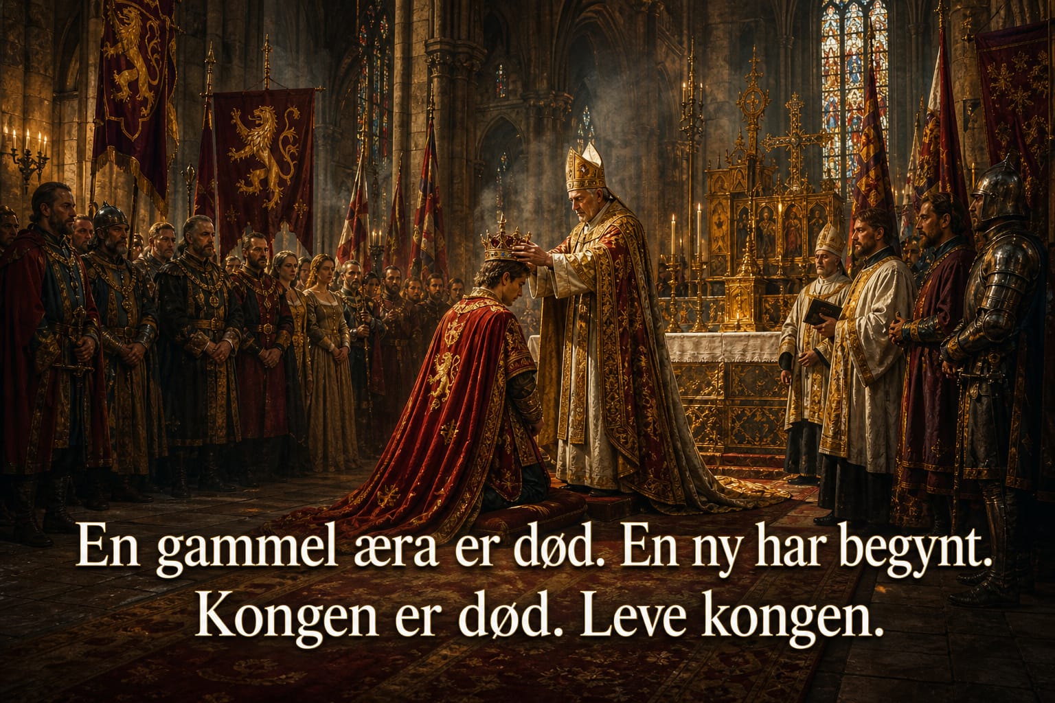 En biskop kroner en knelende konge i en katedral. Hele skikkelsene synes.