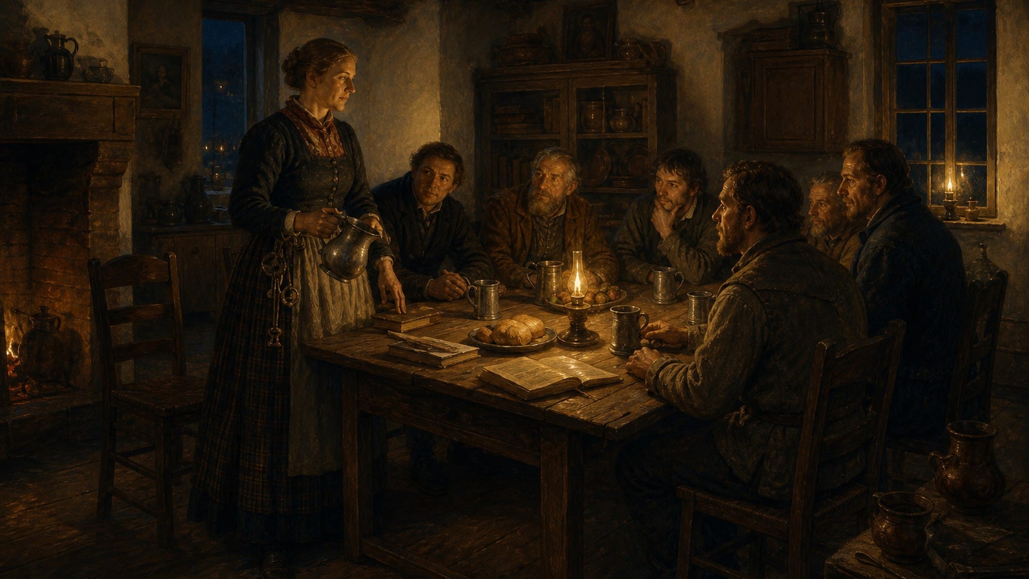En kvinne med nøkler i beltet leder et langbord med gjester. Hele skikkelsen synes.