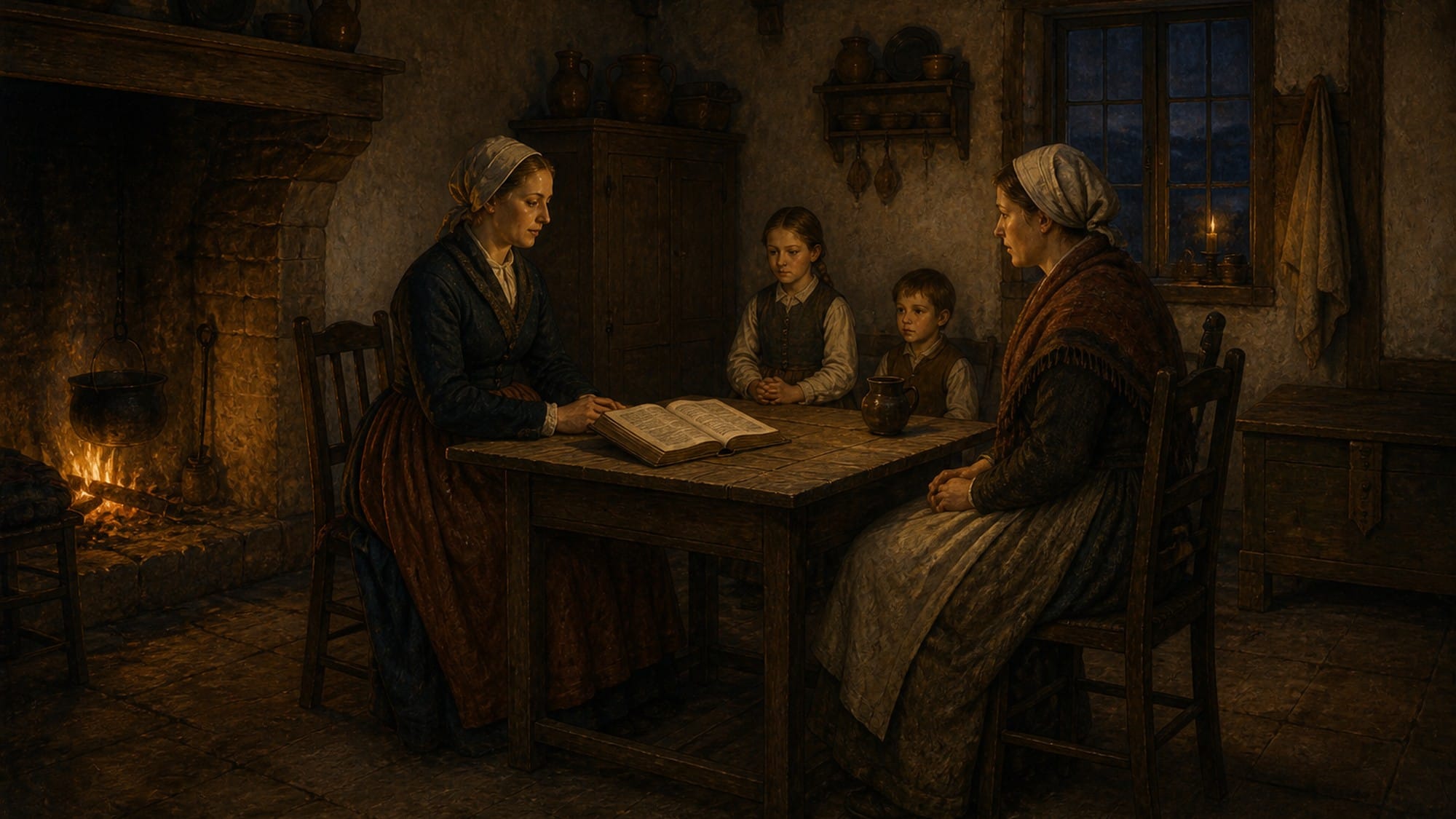 To kvinner og barn ved et bord med én åpen Bibel. Hele skikkelsene synes.