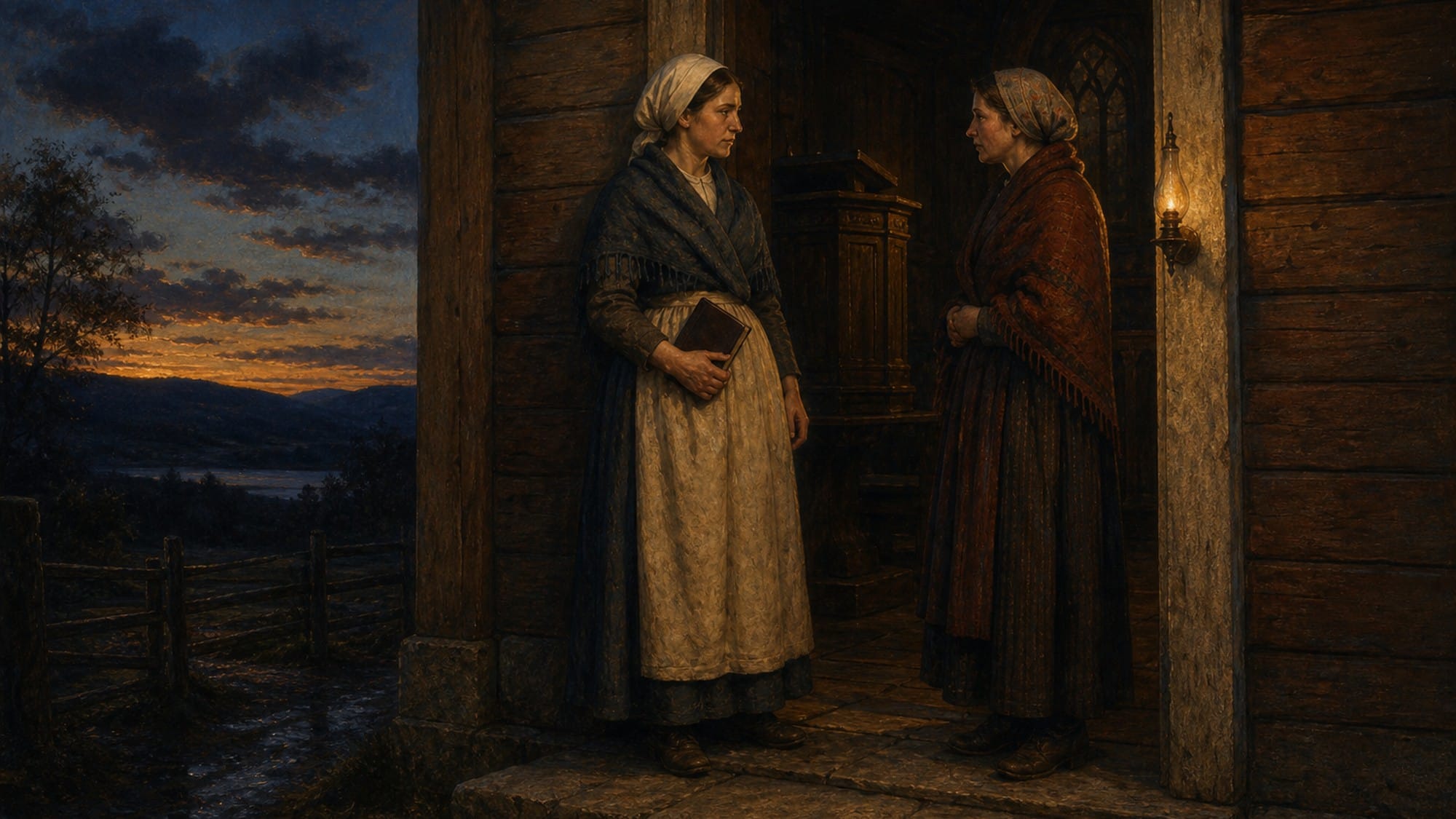 To kvinner i hel figur samtaler i kirkedøren. Den ene holder en Bibel.