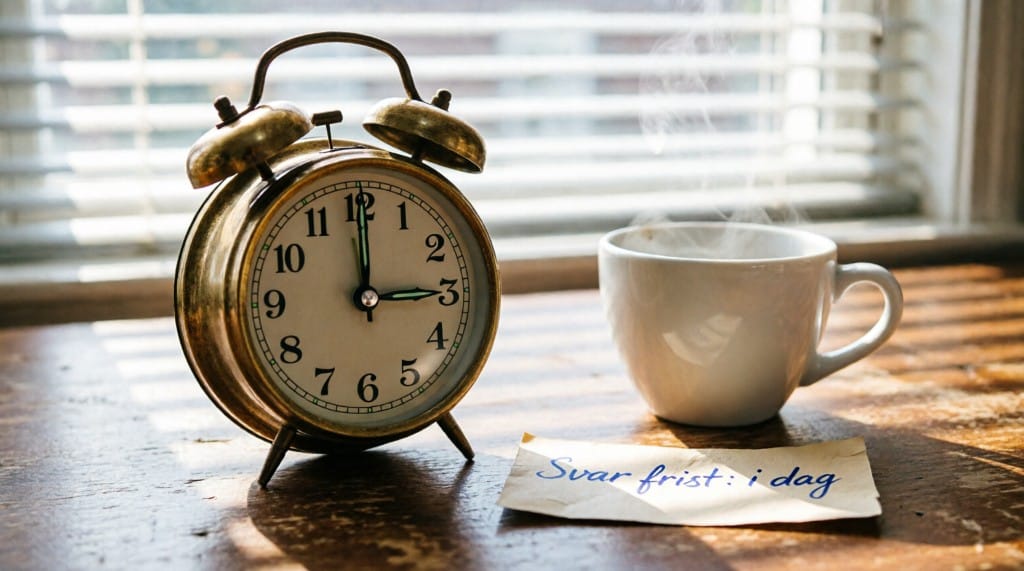 Kaffe, vekkerklokke og lapp med teksten «Svarfrist: i dag»